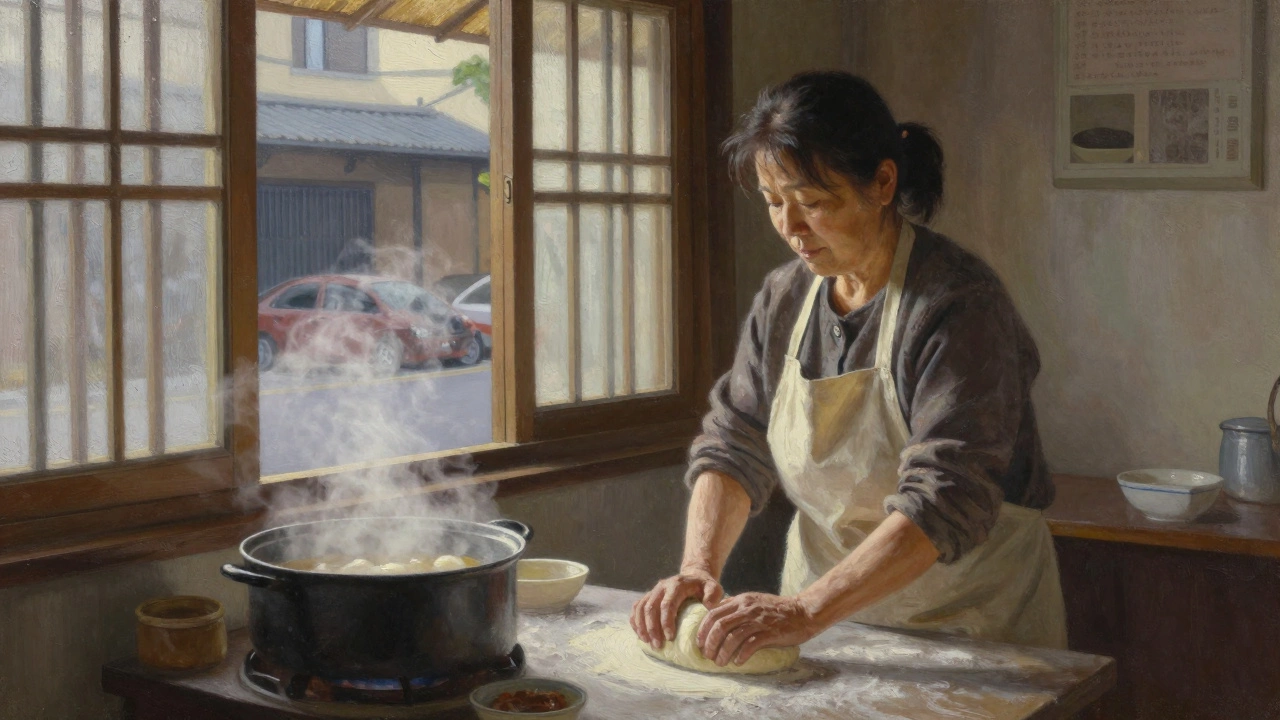 An elderly woman kneads dough in a quiet ramen stall at dawn.