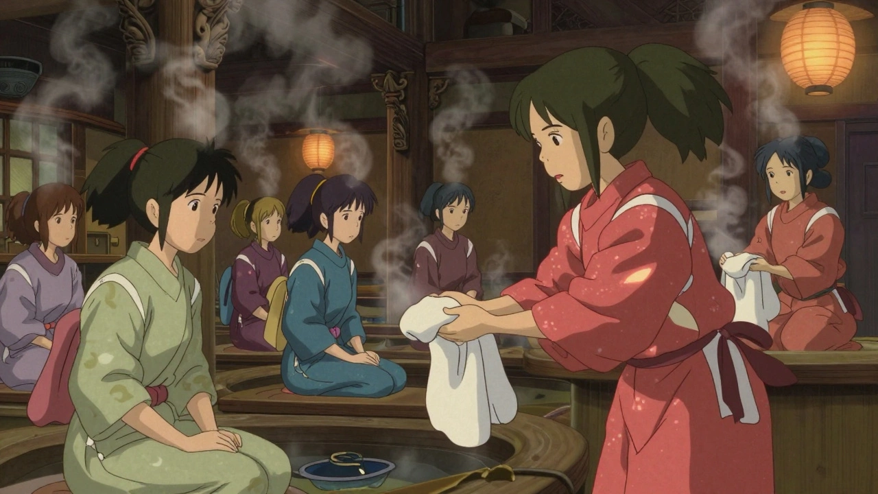 Women serve spirits in a steamy bathhouse with quiet dignity and respect.